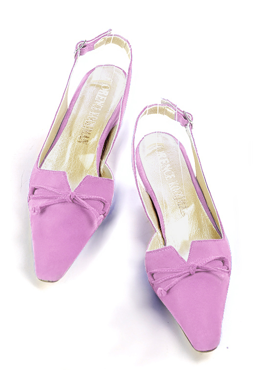Mauve purple women's open back shoes, with a knot. Tapered toe. Low kitten heels. Top view - Florence KOOIJMAN